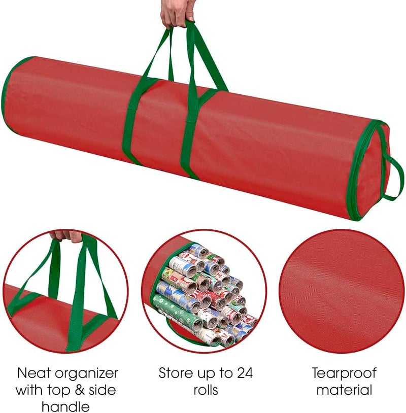 ProPik Wrapping Paper Storage Bag | Gift Wrap Holder Organizer | 2 Pack Store Up to 48 Rolls 40 Inch Long | Heavy Duty 600D Oxford Material Holiday Container | Top & side handles (Red) - Image 2